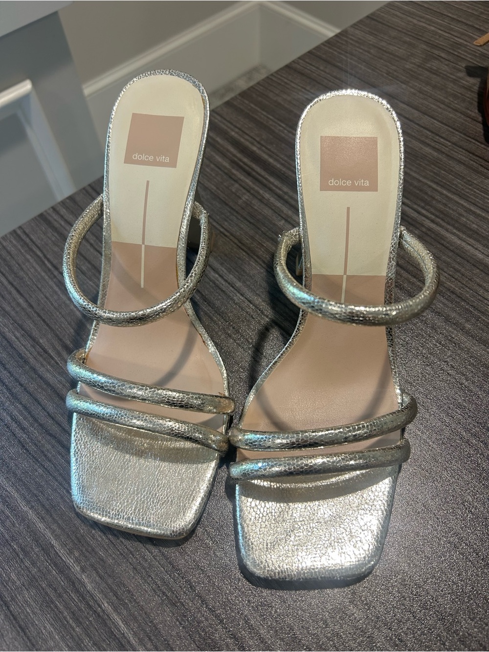 Dolce Vita Metallic Gold Triple-Strap Square Toe Heels